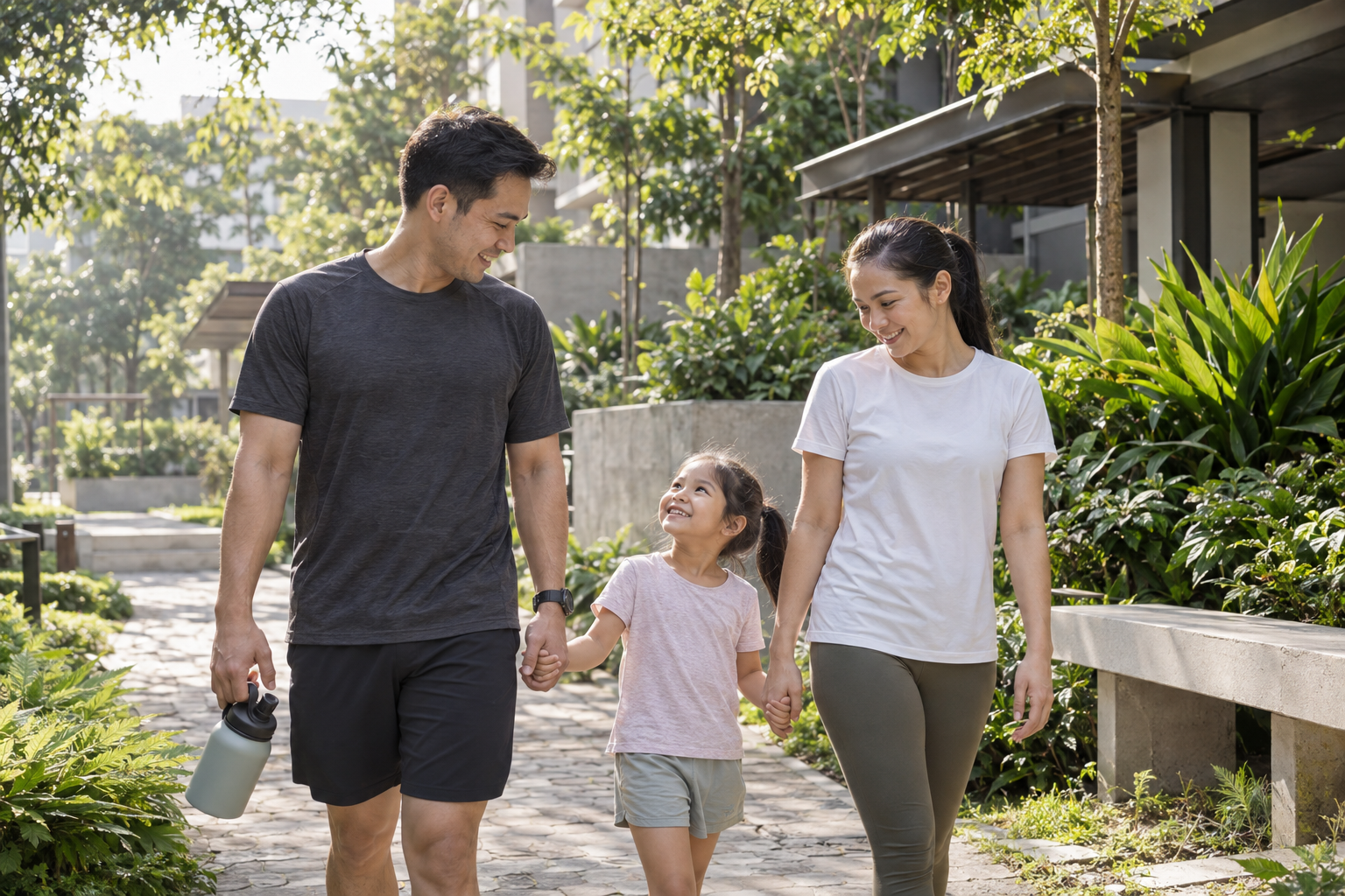Filipino parents walking with their daughter in a leafy courtyard